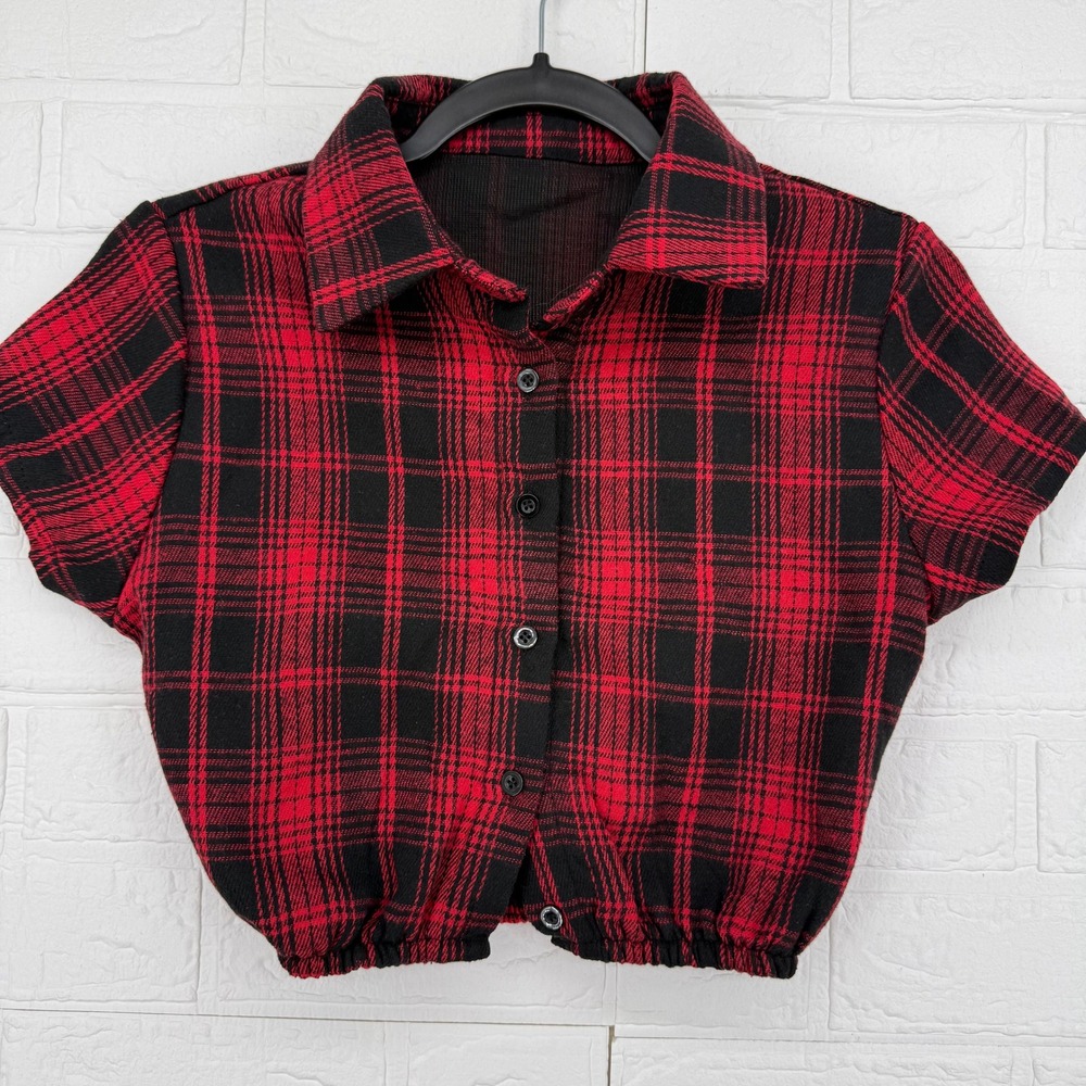 Plaid Crop Top Women Small Red Black Checkered Elastic Hem Button Down